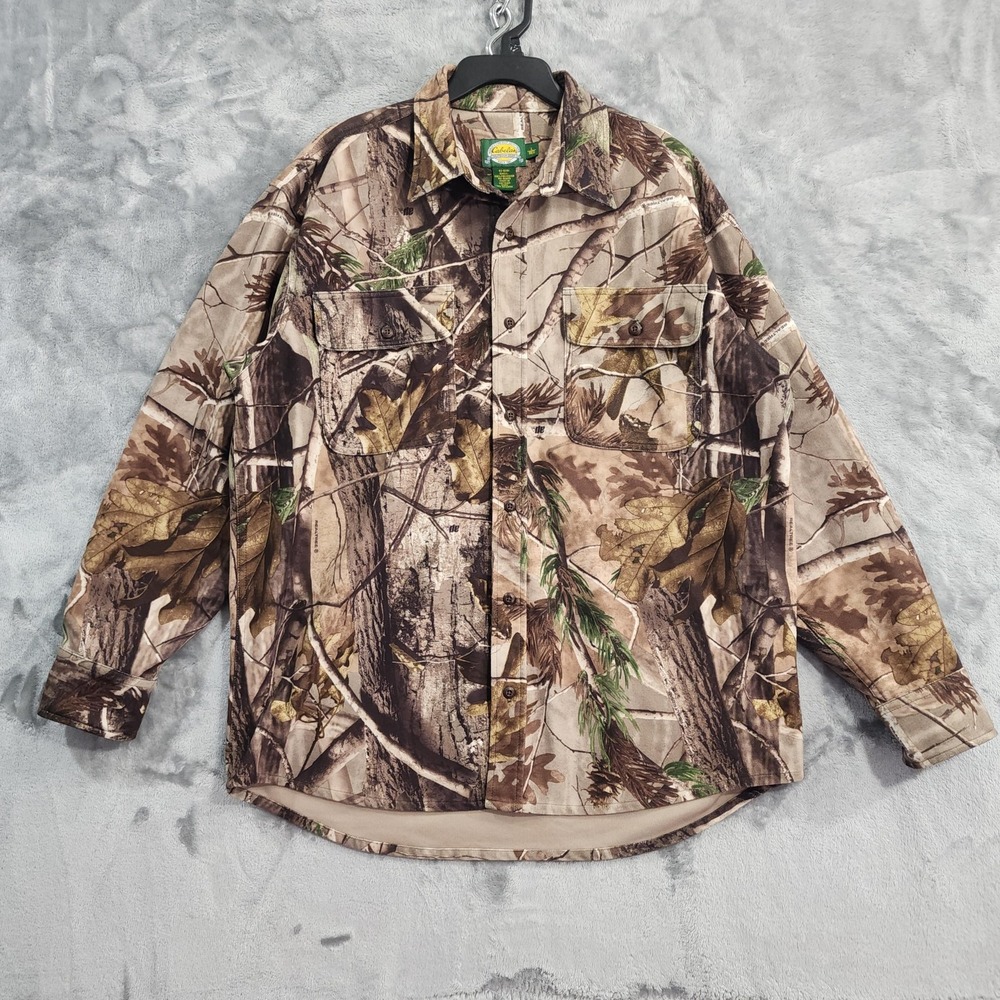 Cabela's Shirt Mens Lโ Brown Realtree Camo Fleece Button Up Hunting Long Sleeve